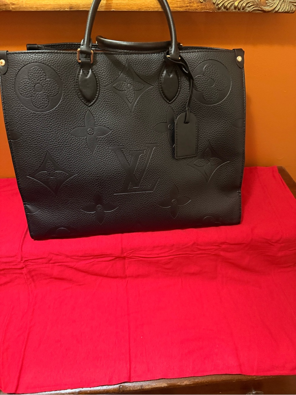 Black Embossed Leather Tote Bag with Tan Interior - Picture 2 of 2
